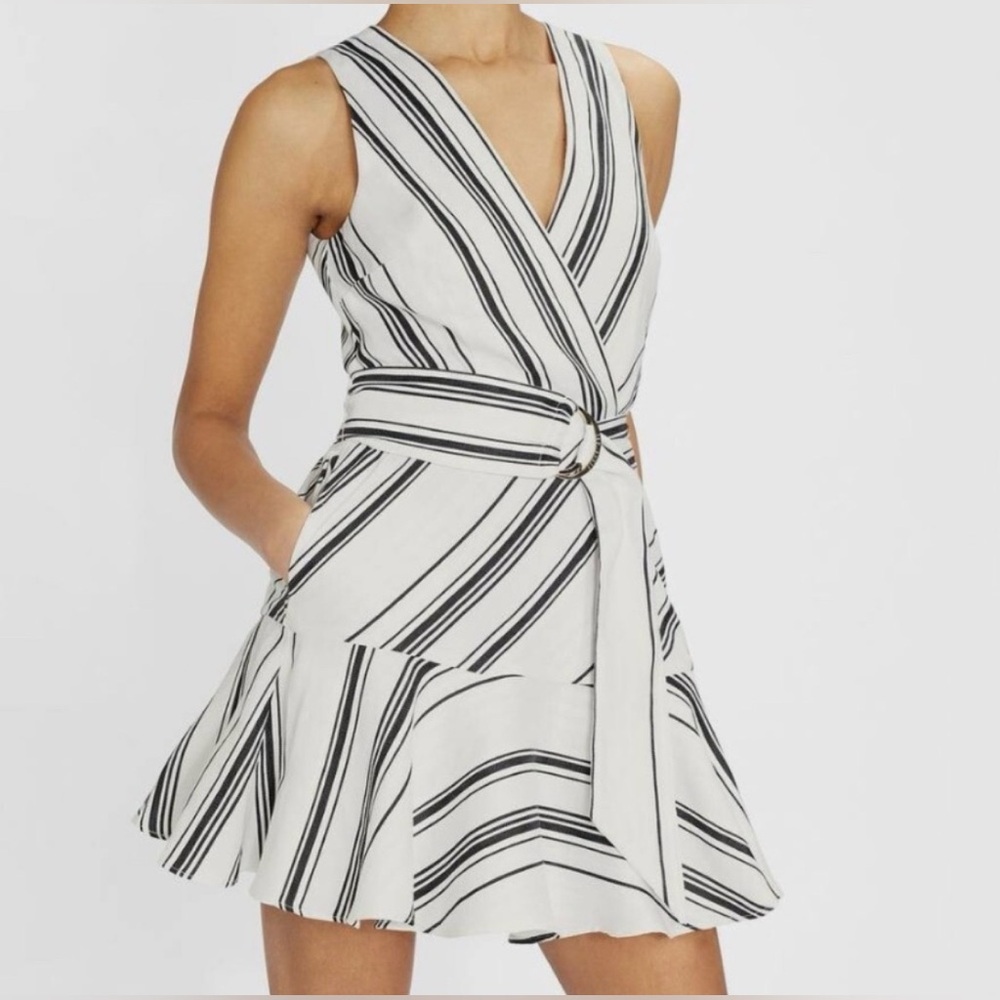 Ted Baker London Black and White Striped Linen Blend Mini Dress Size 4/6